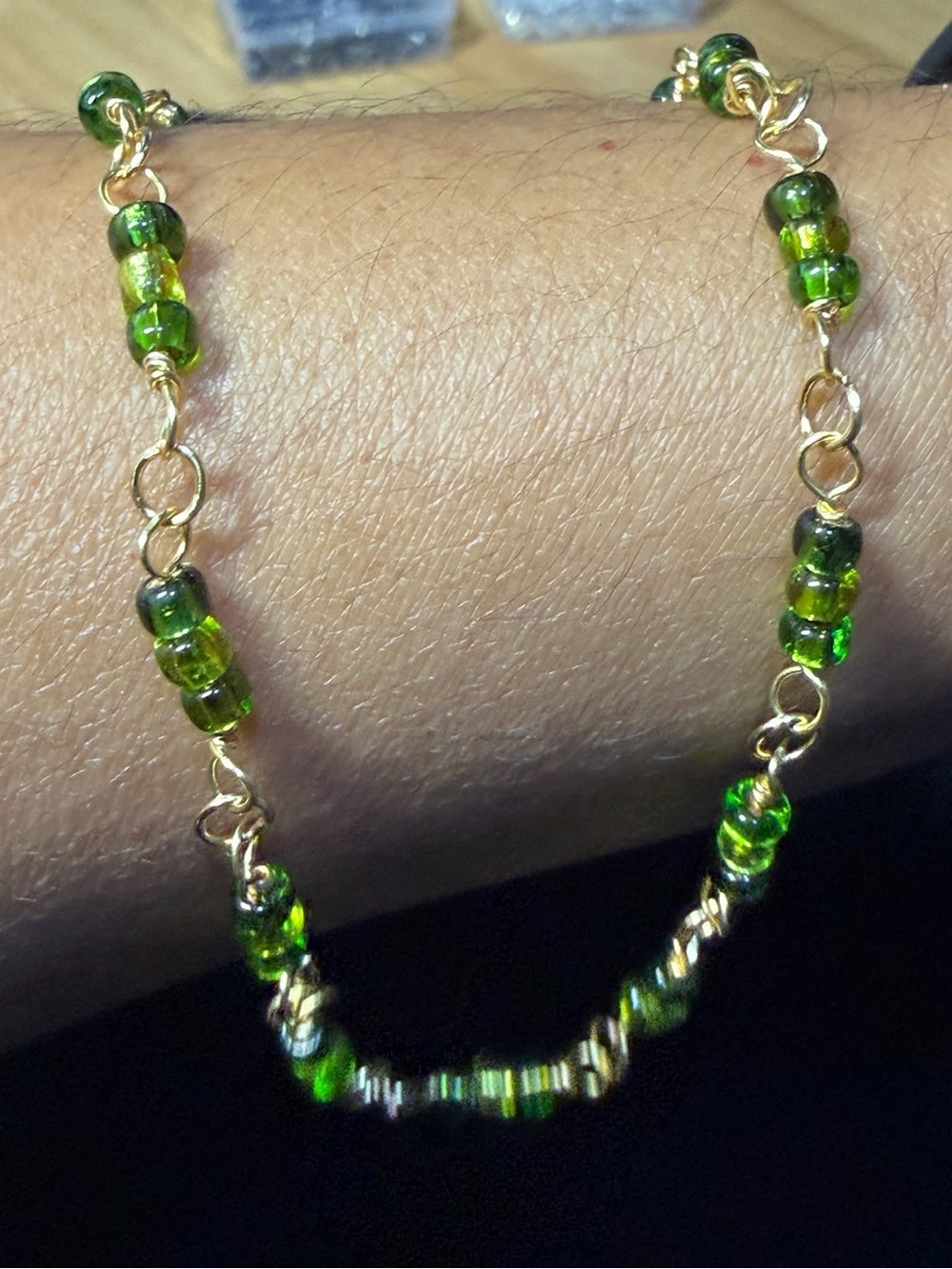 Gold-Link Necklace with Bright Green Glass Beads - Women Jewelry